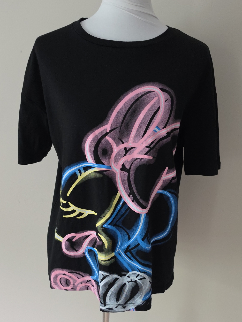 Zara Mickey Black Graphic Tee with Neon Pink & Blue Design Brand New